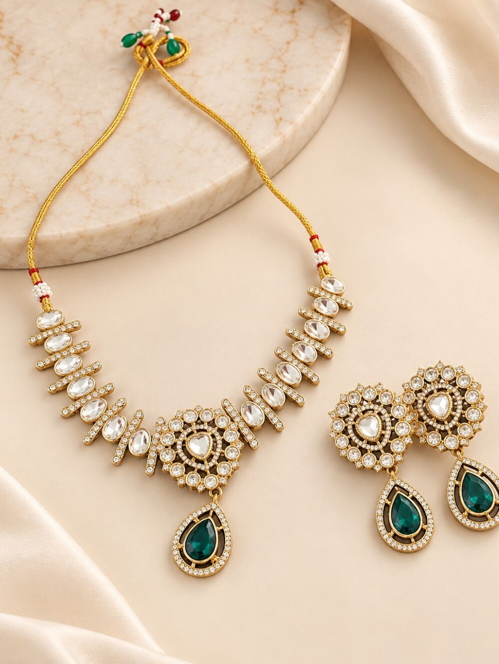Emerald Green Kundan Necklace & Earrings Set | Indian Wedding Jewelry